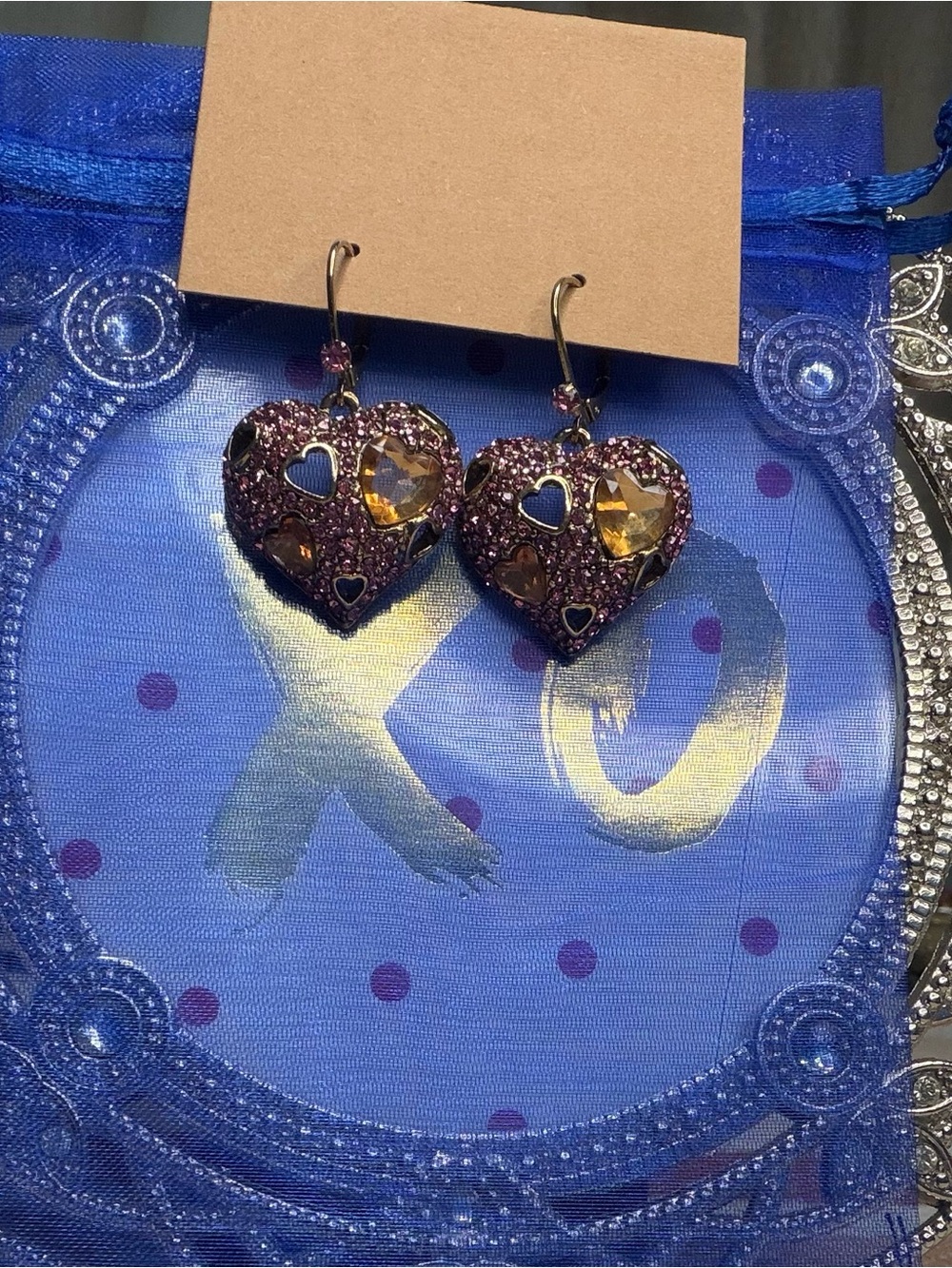 Purple Pave Crystal Heart Drop Earrings Amber Stone Cutout Y2K Glam EUC